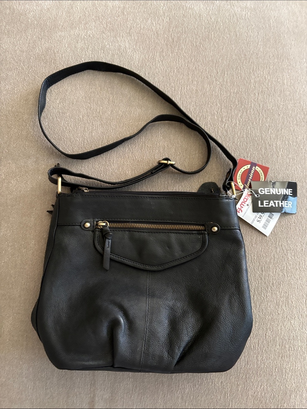 Genuine Leather Black Crossbody Satchel - Adjustable Strap